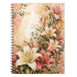 Caderno Espiral Jardim de Lírios Romântico com Bege e Dourado em A