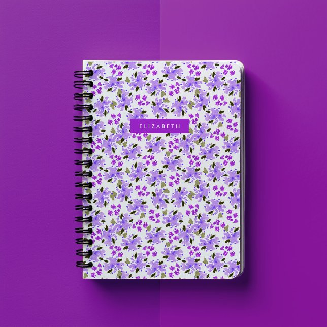 Caderno Espiral Jardim Floral de Cor d'Água Púrpura Personalizado (Purple watercolor floral garden personalized notebook.)