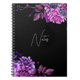 Caderno Espiral Jardim floral preto e roxo, cor d'água elegante