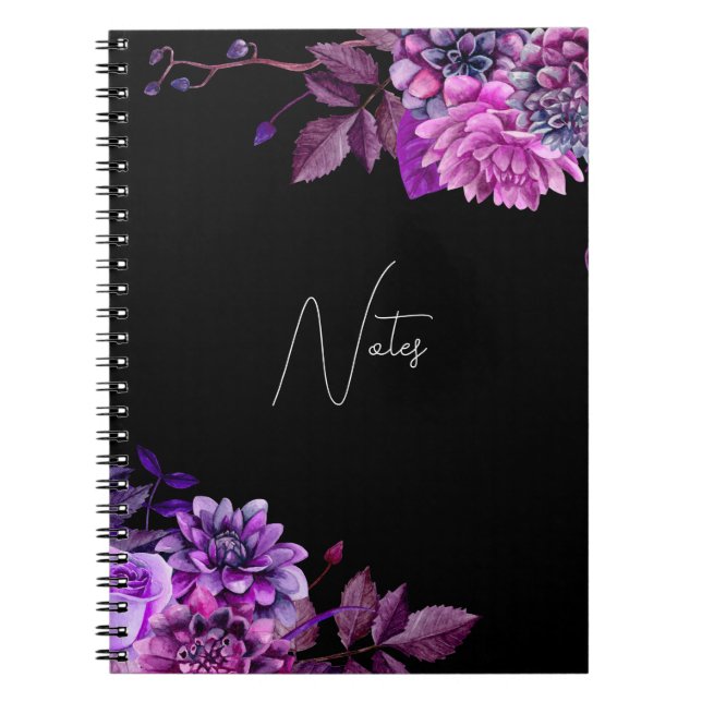 Caderno Espiral Jardim floral preto e roxo, cor d'água elegante (Frente)