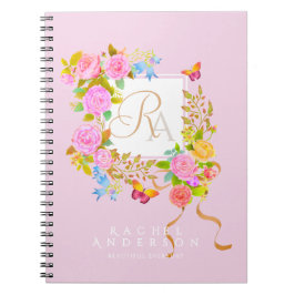 Caderno Espiral Jardim Florido Romântico Monograma Amarelo