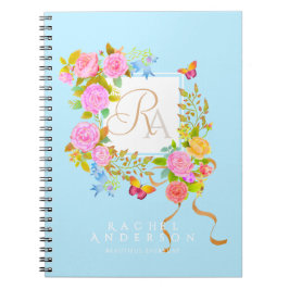 Caderno Espiral Jardim Florido Romântico Monograma Azul