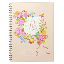 Caderno Espiral Jardim Florido Romântico Monograma Bege
