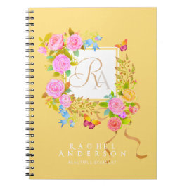 Caderno Espiral Jardim Florido Romântico Monograma Dourado Amarelo