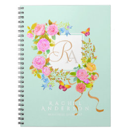 Caderno Espiral Jardim Florido Romântico Monograma Verde