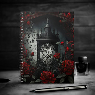 Caderno Espiral Jardim Rosa do Cemitério Gótico com Vermelho e Pre
