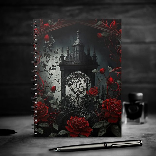 Caderno Espiral Jardim Rosa do Cemitério Gótico com Vermelho e Pre (Criador carregado)