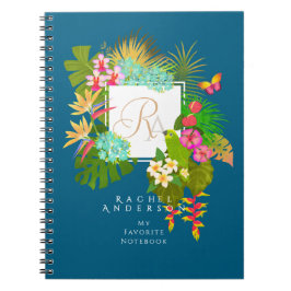 Caderno Espiral Jardim Tropical Monograma Oceano Azul