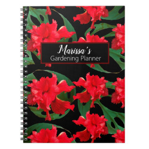 Caderno Espiral Jardineiro Hibisco Monstera Estampa Preto Vermelho