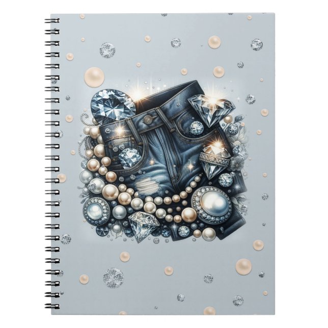 Caderno Espiral Jeans Denim Diamantes e Pérolas Brilho (Frente)