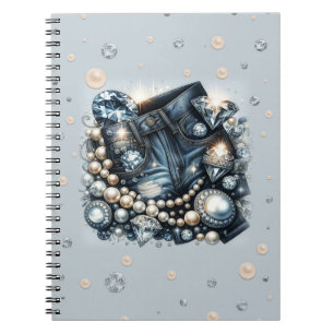 Caderno Espiral Jeans Denim Diamonds & Pearls Brilho