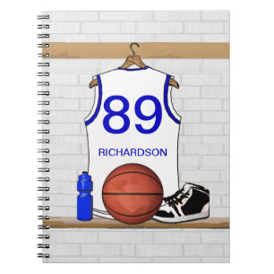 Caderno Espiral Jérsei branco e azul personalizado do basquetebol