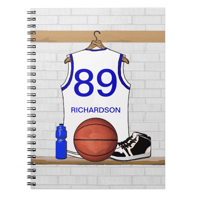 Caderno Espiral Jérsei branco e azul personalizado do basquetebol (Frente)