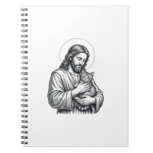 Caderno Espiral Jesus Antigo Segurando Gato Gravura Gráfico_1