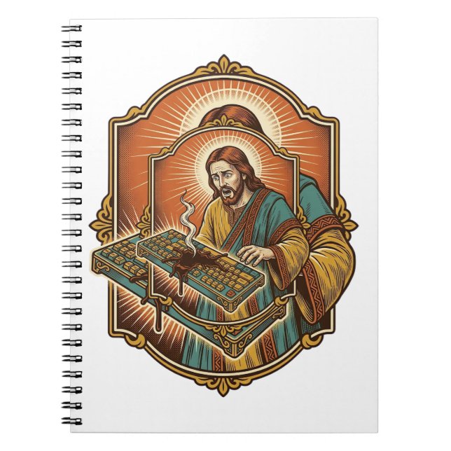 Caderno Espiral Jesus Café Derramado Teclado Mecânico Quebrado Tec (Frente)