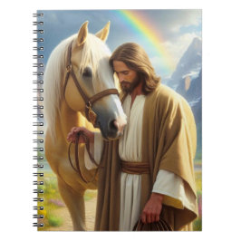 Caderno Espiral Jesus com cavalo Palomino em uma paisagem cênica