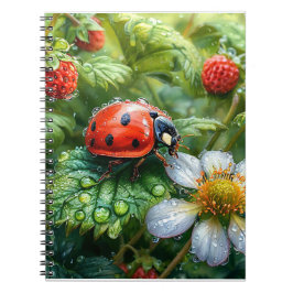 Caderno Espiral Joaninha Empoleirada em Planta de Morango Coberta 