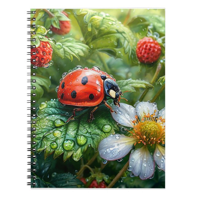 Caderno Espiral Joaninha Empoleirada em Planta de Morango Coberta  (Frente)