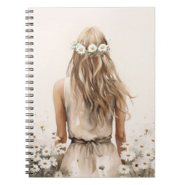 Caderno Espiral Jovem Mulher Aquarela Em Daisy Field