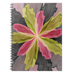 Caderno Espiral Joy, verde rosa, Antracite Fantasia Flor Fractal