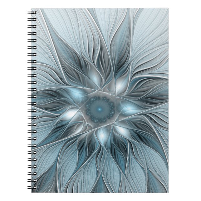 Caderno Espiral Joyful Flower Abstract Blue Gray Floral Fractal (Frente)