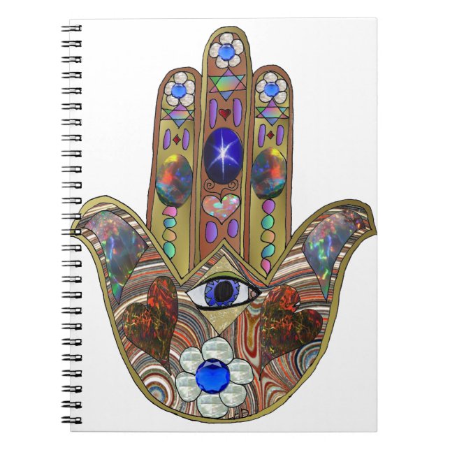 Caderno Espiral Judaica Hamsa Hearts Flowers Opal Art Impressão (Frente)