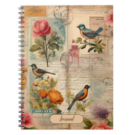 Caderno Espiral Junk Journal Seite mit Blumen + Vögel -