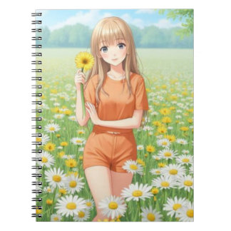 Caderno Espiral Kawaii Anime Girl in Daisy Garden