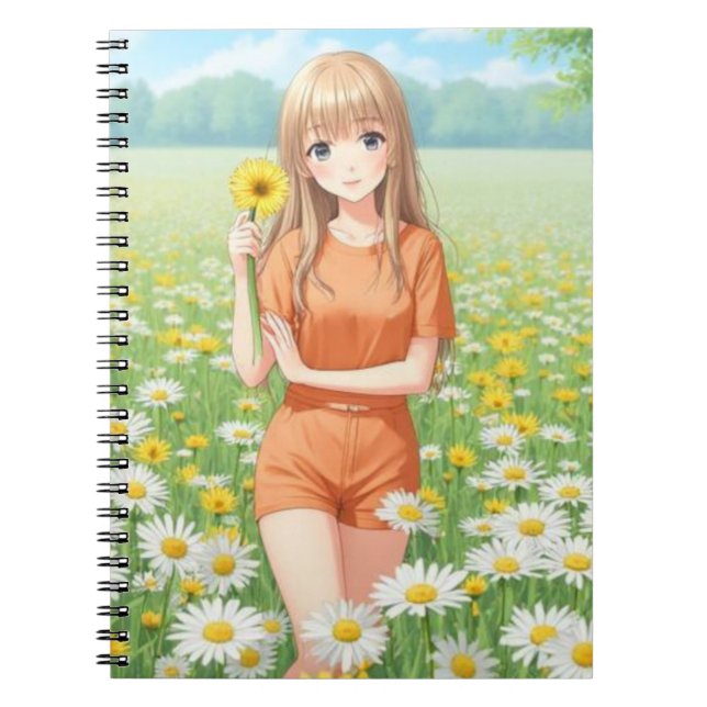 Caderno Espiral Kawaii Anime Girl in Daisy Garden (Frente)