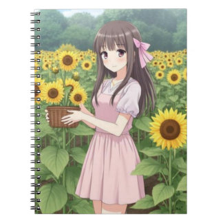 Caderno Espiral Kawaii Anime Girl in Sunflower Garden