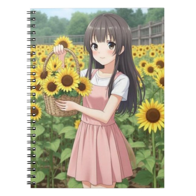 Caderno Espiral Kawaii Anime Girl in Sunflower Garden (Frente)