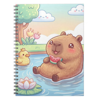 Caderno Espiral Kawaii capy in a pond