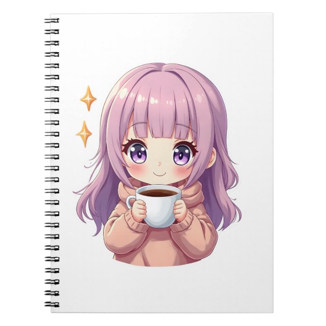Caderno Espiral Kawaii Cozy Coffee Girl – Pastel Aesthetic sticker (Frente)