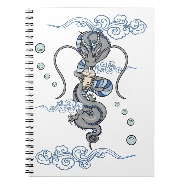 Caderno Espiral Kawaii Cute Japonês Dragão Leite Boba Tea Blue (Frente)