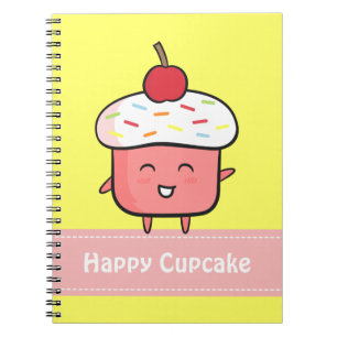 Caderno Espiral Kawaii e cupcake cor-de-rosa feliz com cereja