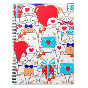 Caderno Espiral Kawaii Engraçado Gatos Sem Olhos Padrões De Amor