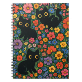 Caderno Espiral Kawaii Garden Art | Cute Black Cat Floral Pattern