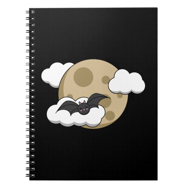 Caderno Espiral Kawaii Happy Bat Voando em Lua Cheia (Frente)
