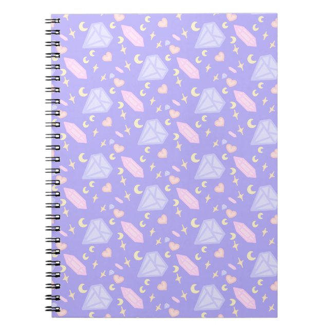 Caderno Espiral Kawaii Jewels Crystals Moons Stars Corações Pastel (Frente)