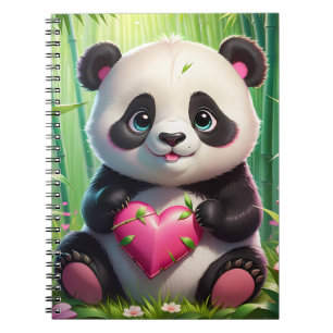 Caderno Espiral Kawaii Panda Segurando Coração em uma Floresta de 