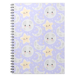 Caderno Espiral Kawaii Pastel Moon Star Lilac Patterno