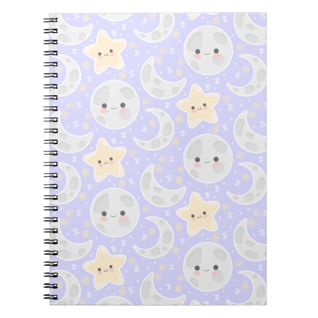 Caderno Espiral Kawaii Pastel Moon Star Lilac Patterno (Frente)
