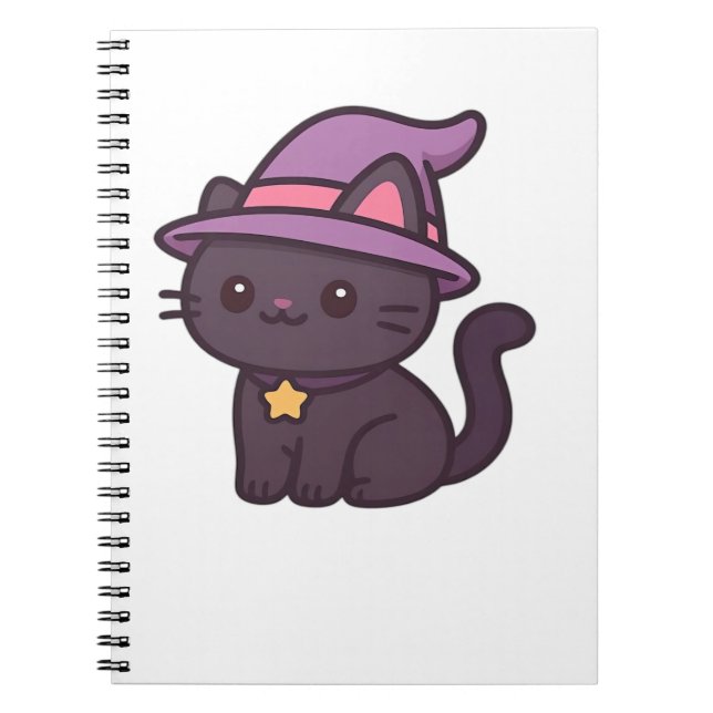 Caderno Espiral Kawaii Witch Cat em T-Shirt Clássico com Chapéu Ro (Frente)