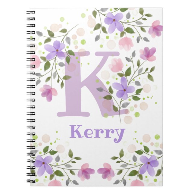 Caderno Espiral Kerry do Nome do Primeiro Plus Inicial com Flores (Frente)