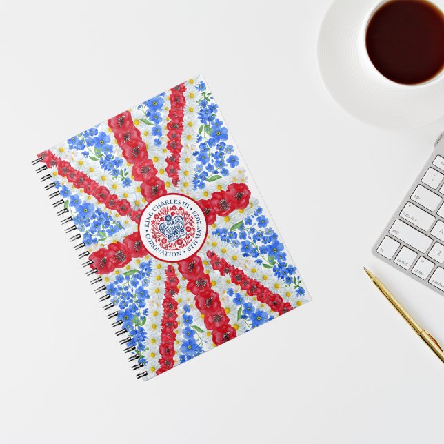 Caderno Espiral King Charles III Coronation Emblem Floral UK Flag (Criador carregado)