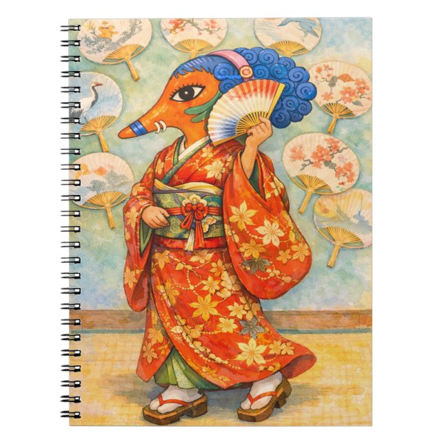 Caderno Espiral Kitsune em Quimono com Rosas – Espírito da Raposa  (Frente)