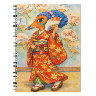 Caderno Espiral Kitsune in Kimono with Roses – Japanese Fox Spirit