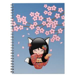 Caderno Espiral Kitsune Kokeshi Doll - Rapariga Negra Fox Geisha