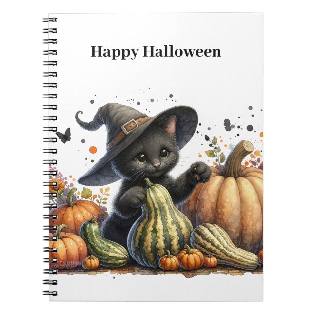 Caderno Espiral Kitten da Bruxa Negra do Halloween W/ Pumpkins Gou (Frente)