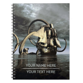 Caderno Espiral Kraken. Giant octopus bringing down a pirate ship